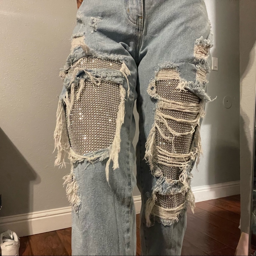 FASHION NOVA Rhinestone Distressed Jeans